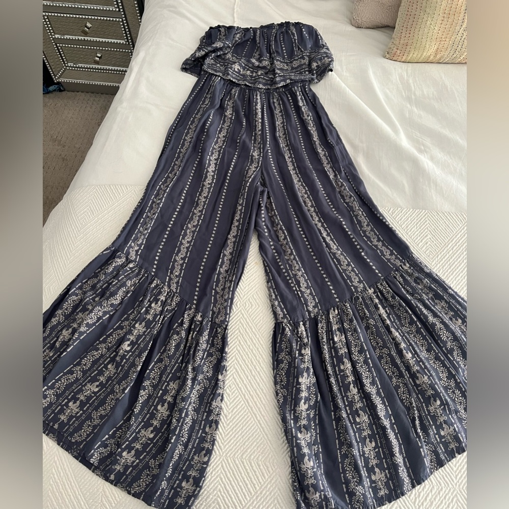 strapless blue bell bottom jumpsuit
